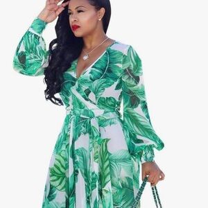 Tropical Green Leaf Print Long Sleeve Dress